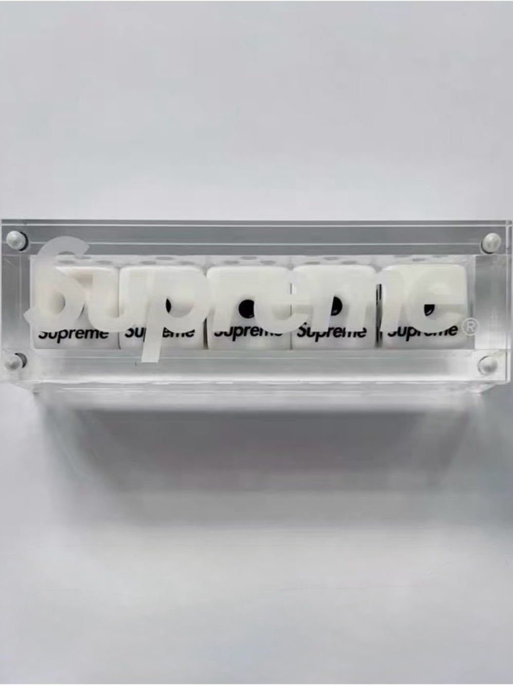 Supreme Clear Acrylic Logo Dice Display - White Accents